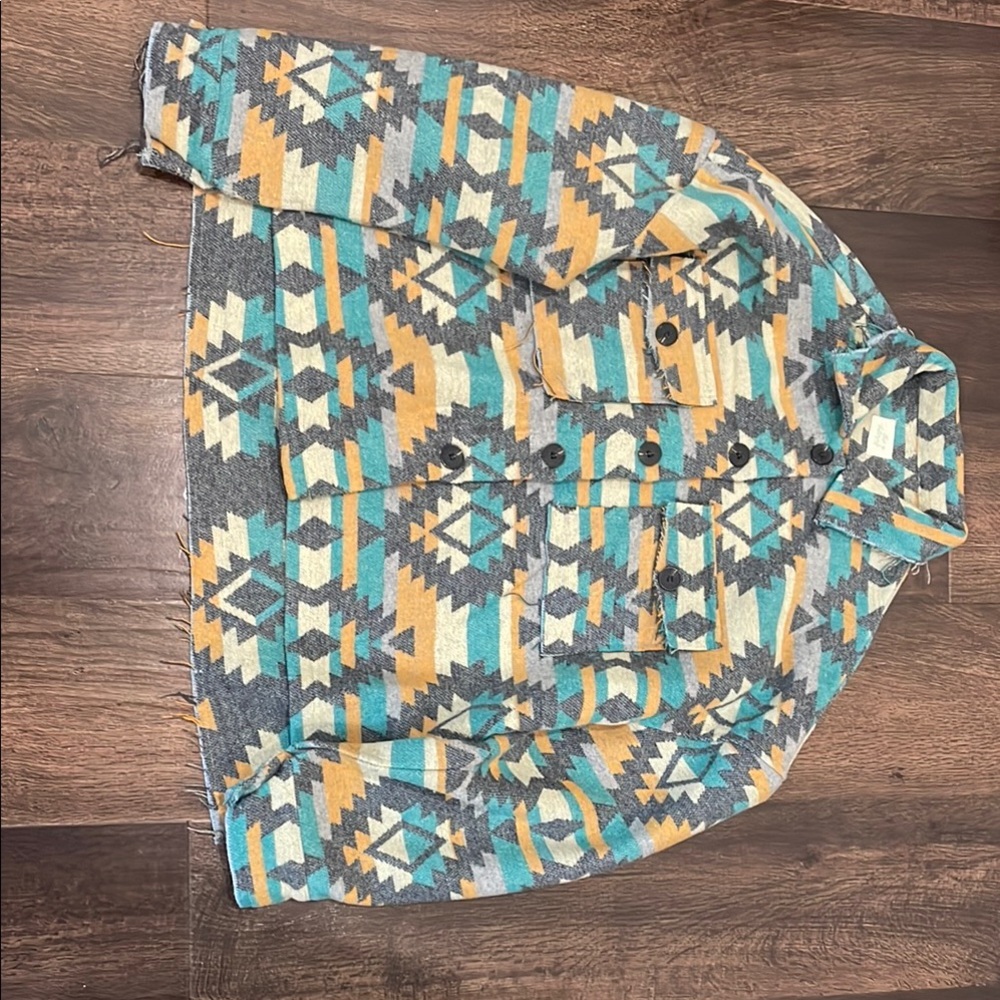 Geometric Patterned Jacket in Gray, Teal, and Tan